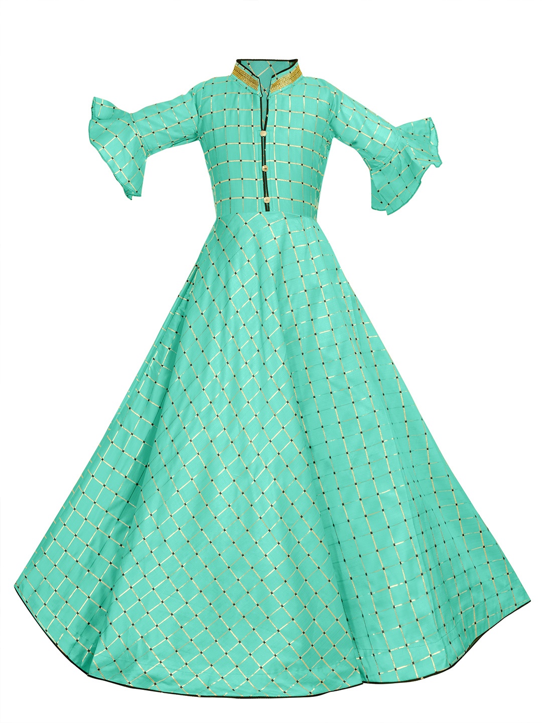 

White World Turquoise Blue & Gold-Toned Checked Ethnic Maxi Dress