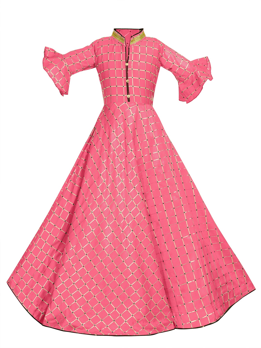

White World Coral & Gold-Toned Checked Ethnic Maxi Dress