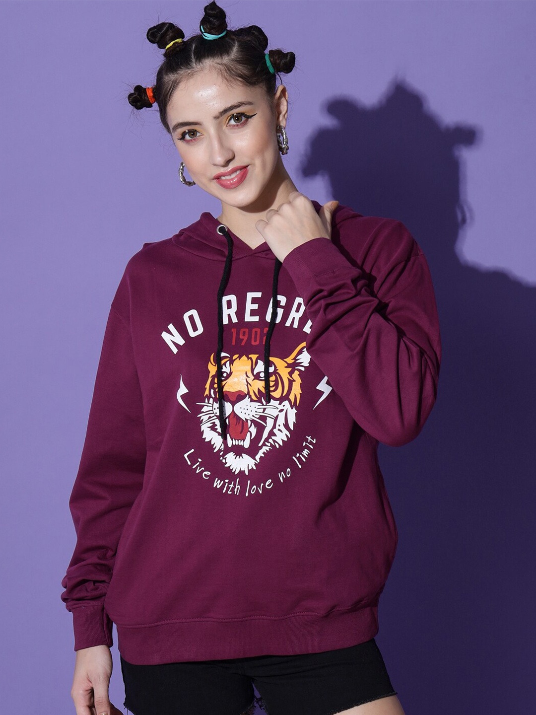 

The Dry State Women Printed Hooded Sweatshirt, Magenta