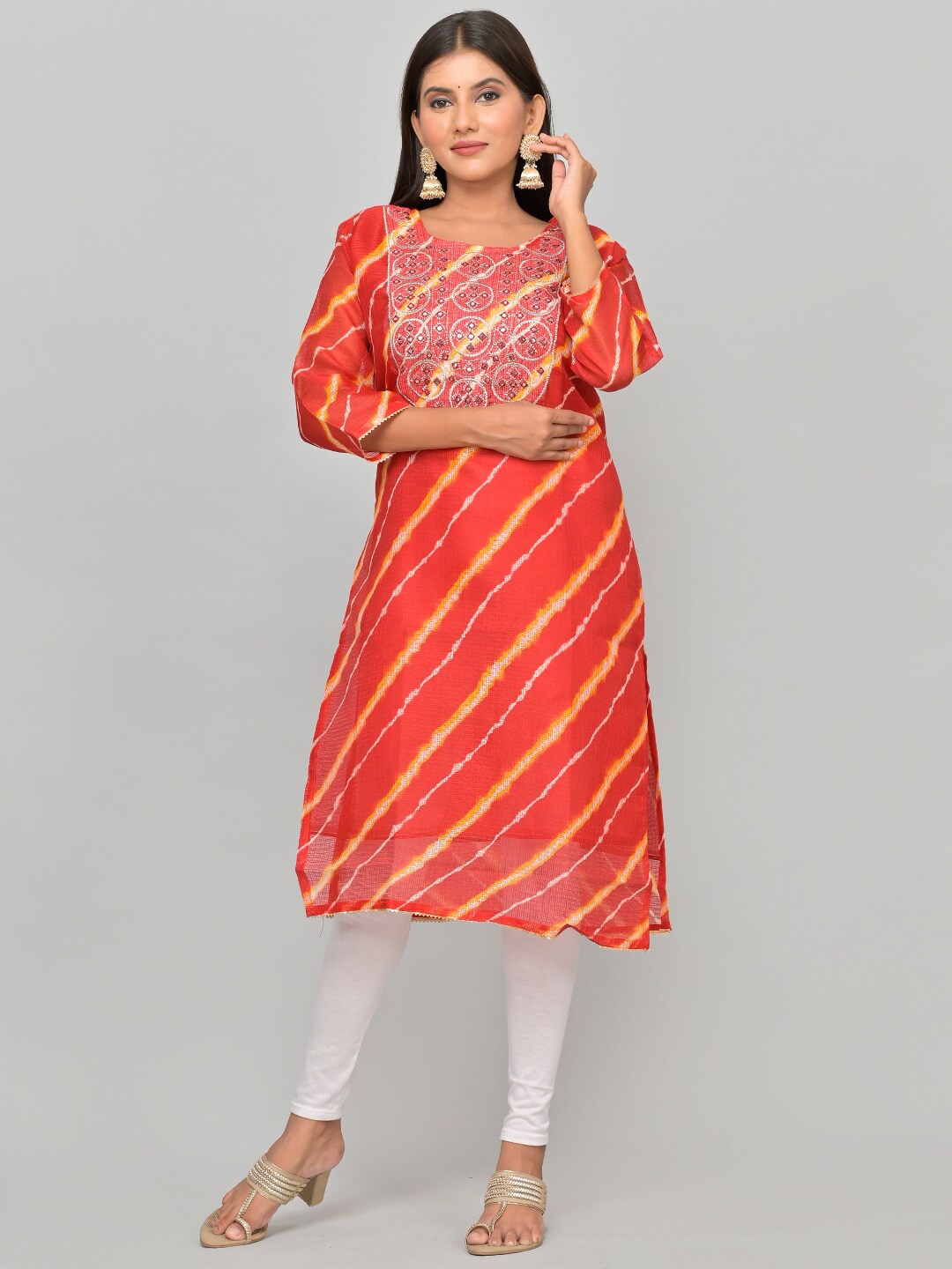 

Kesarya Women Red & Yellow Leheriya Yoke Design Thread Work Kurta