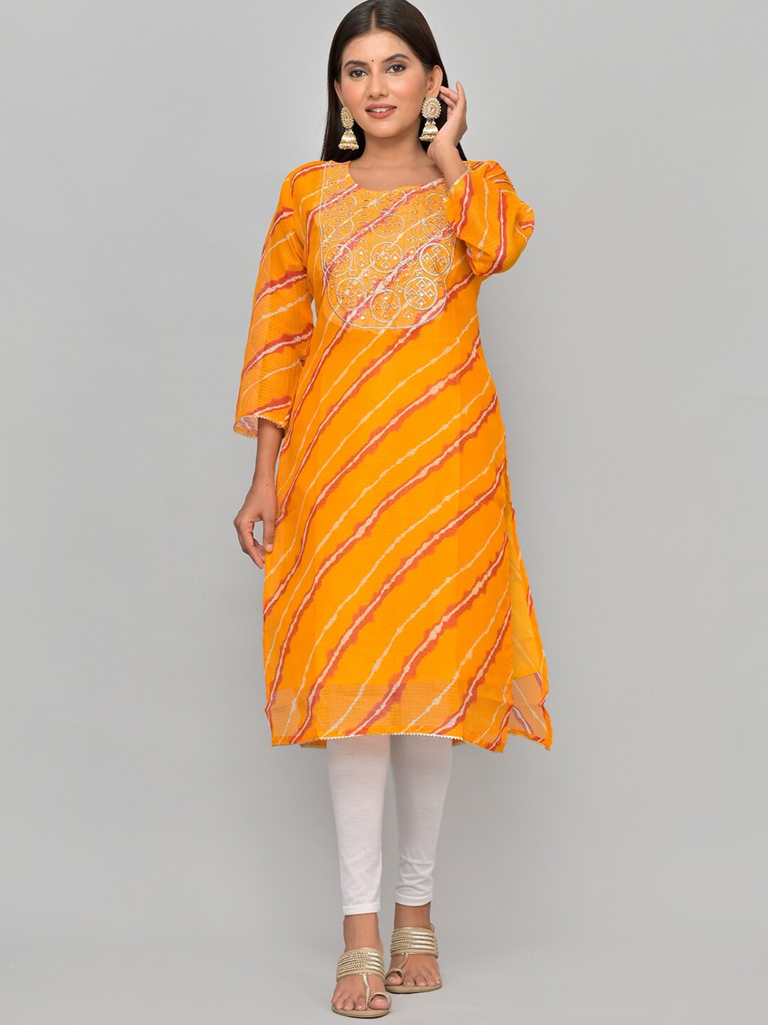 

Kesarya Women Yellow & Red Leheriya Yoke Design Thread Work Kurta