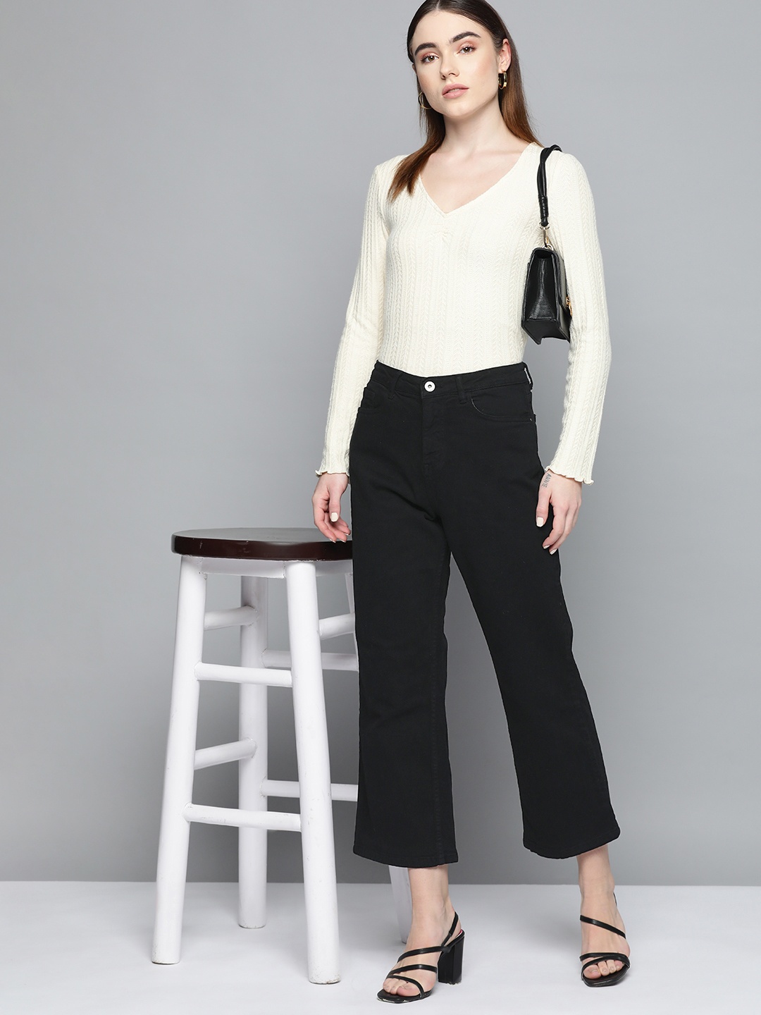 

Chemistry Women Flared High-Rise Stretchable Cropped Jeans, Black