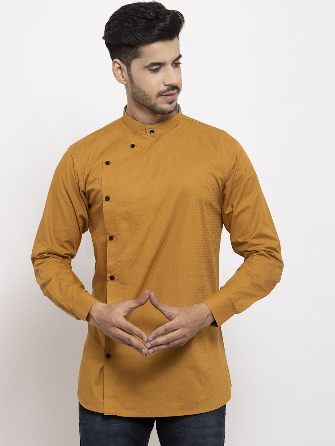 

KLOTTHE Men Mustard Yellow Dobby Woven Design Solid Cotton Kurta