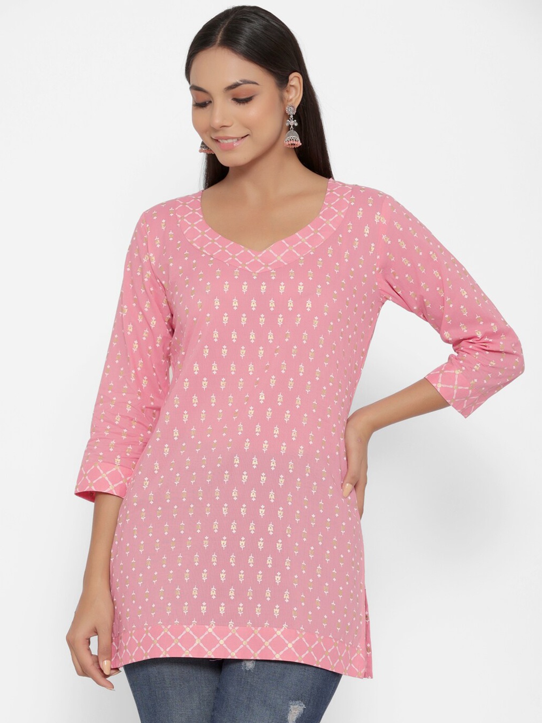 

PARCHHAI Pink Geometric Sweetheart Neck Longline Top
