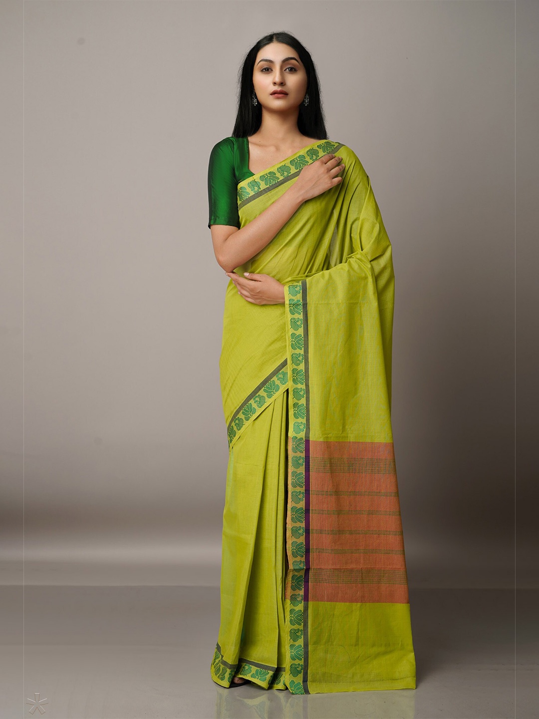 

Unnati Silks Green & Orange Woven Design Pure Cotton Venkatgiri Saree