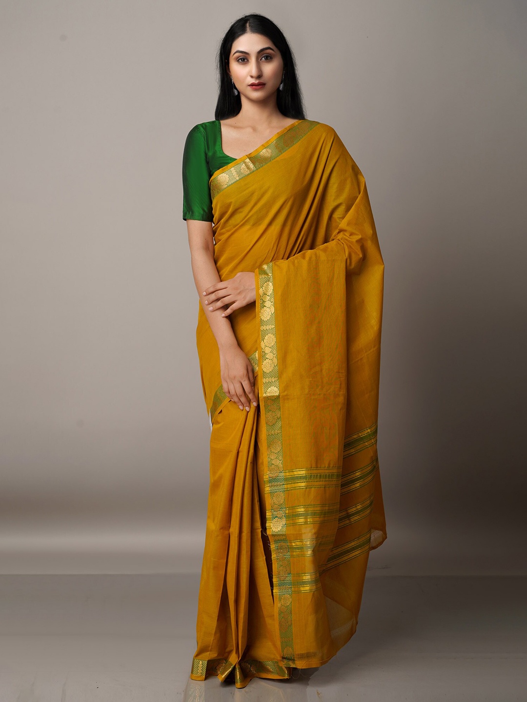 

Unnati Silks Brown & Green Zari Pure Cotton Venkatgiri Saree