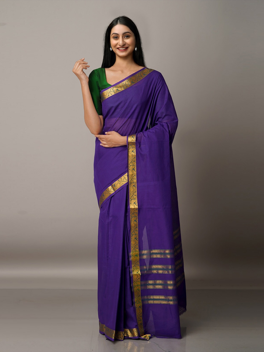 

Unnati Silks Blue & Gold-Toned Zari Pure Cotton Venkatgiri Saree