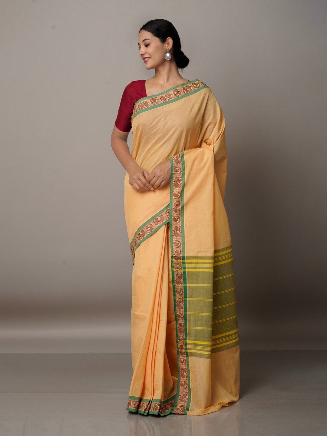 

Unnati Silks Cream-Coloured & Yellow Pure Cotton Venkatagiri Saree