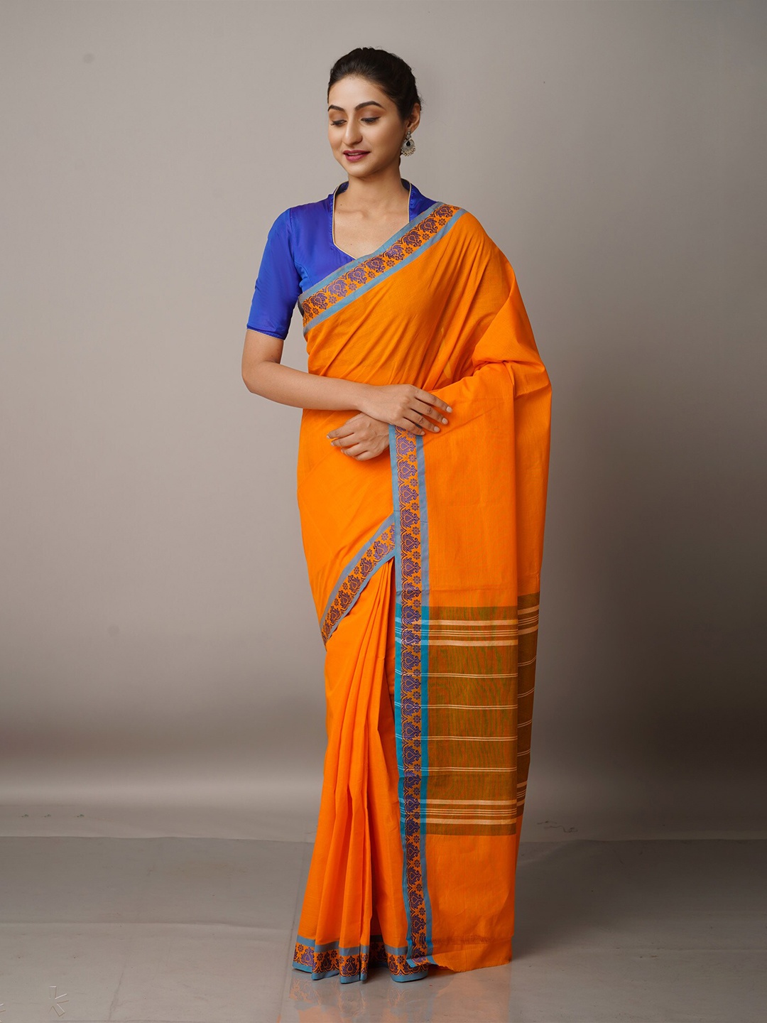 

Unnati Silks Orange & Blue Pure Cotton Venkatgiri Saree