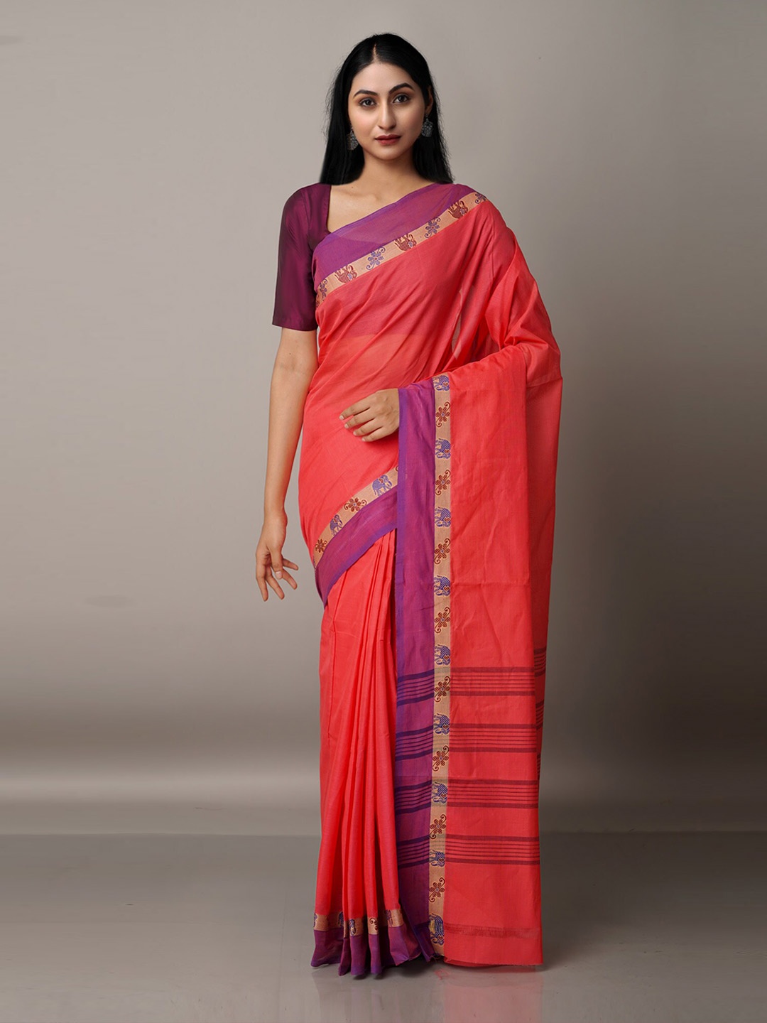 

Unnati Silks Pink & Purple Zari Pure Cotton Venkatgiri Saree