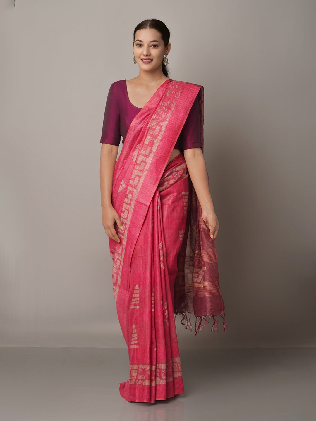 

Unnati Silks Pink & Coffee Brown Batik Silk Cotton Bhagalpuri Saree