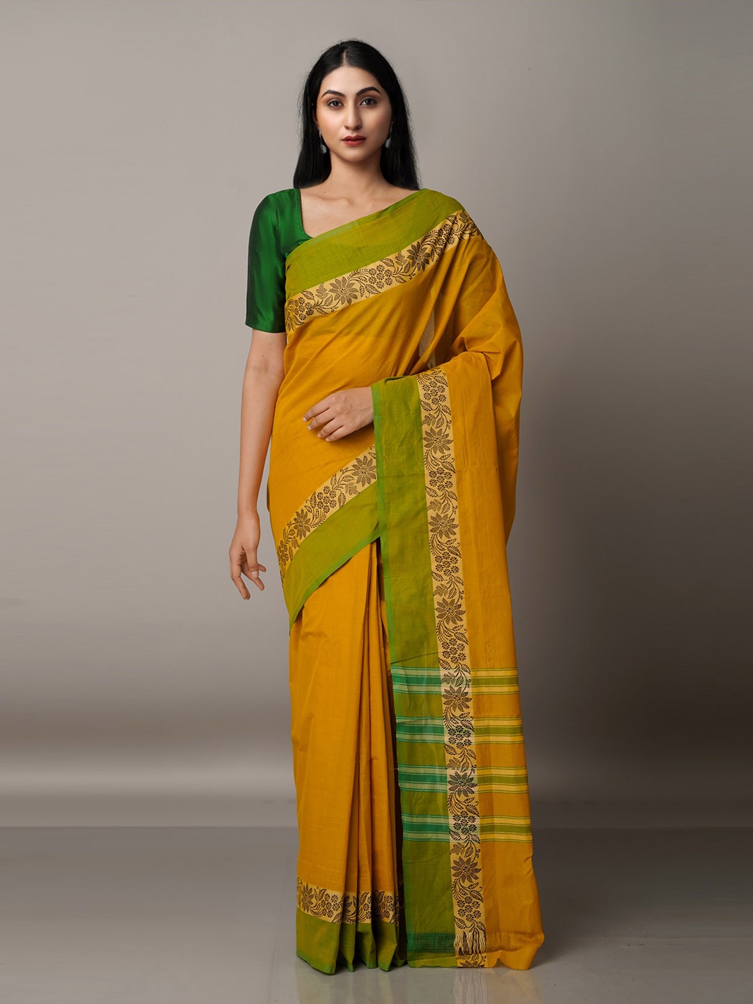 

Unnati Silks Yellow & Green Ethnic Motifs Pure Cotton Venkatgiri Saree