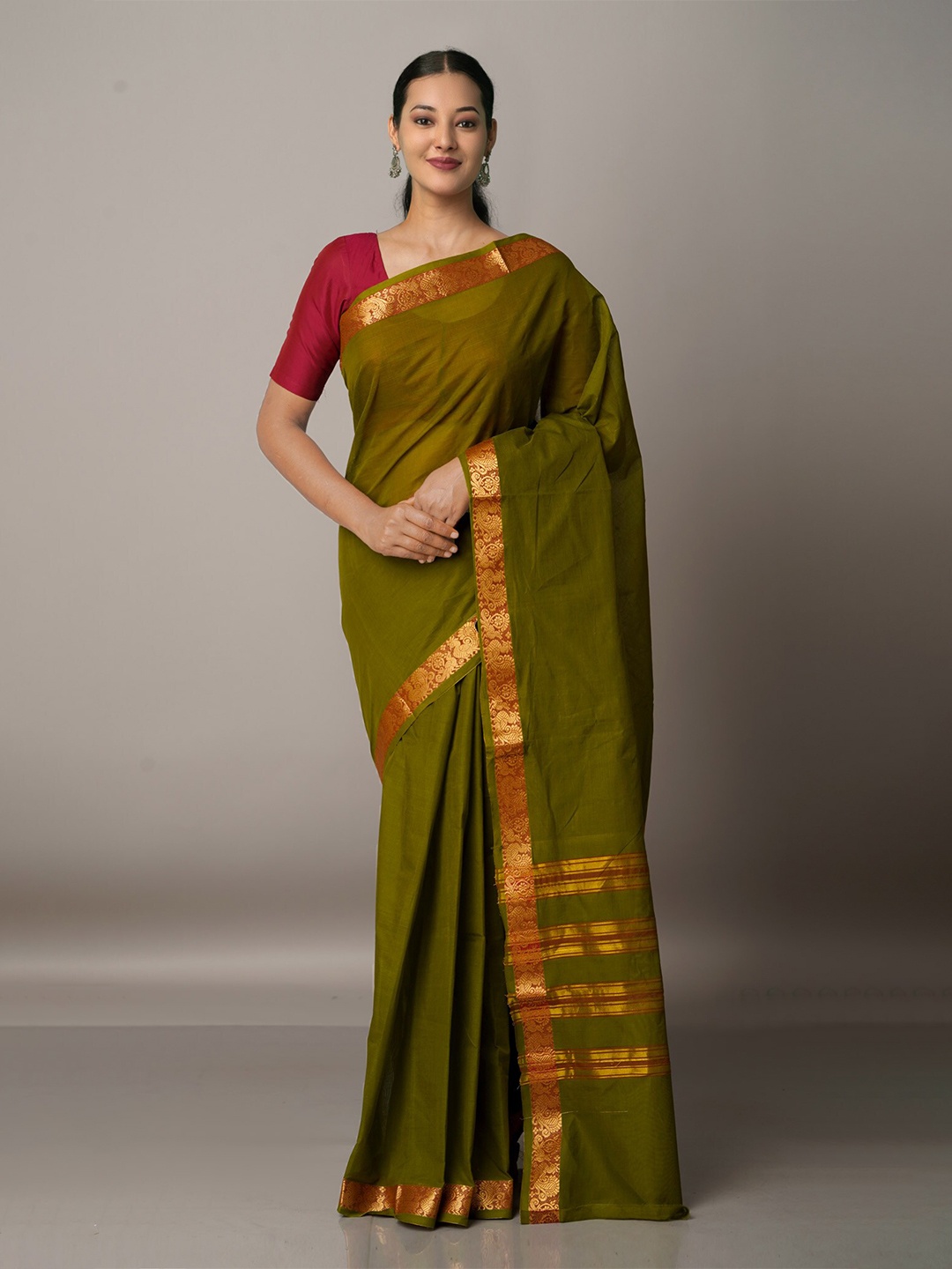 

Unnati Silks Green & Brown Zari Pure Cotton Venkatgiri Saree