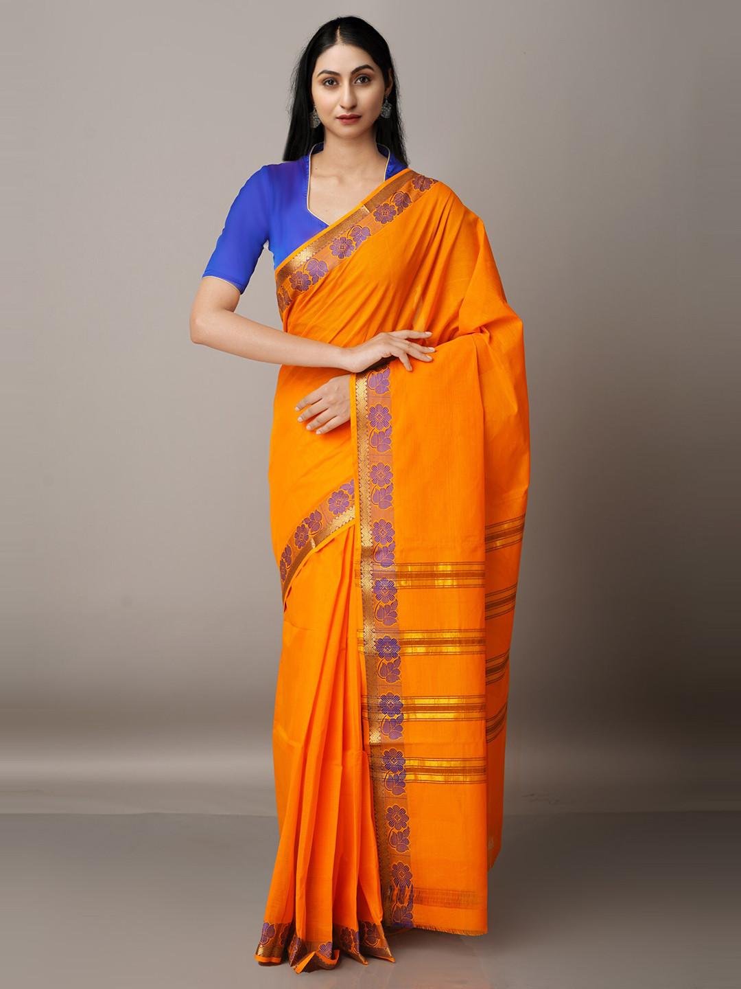 

Unnati Silks Orange & Gold-Toned Zari Pure Cotton Venkatgiri Saree