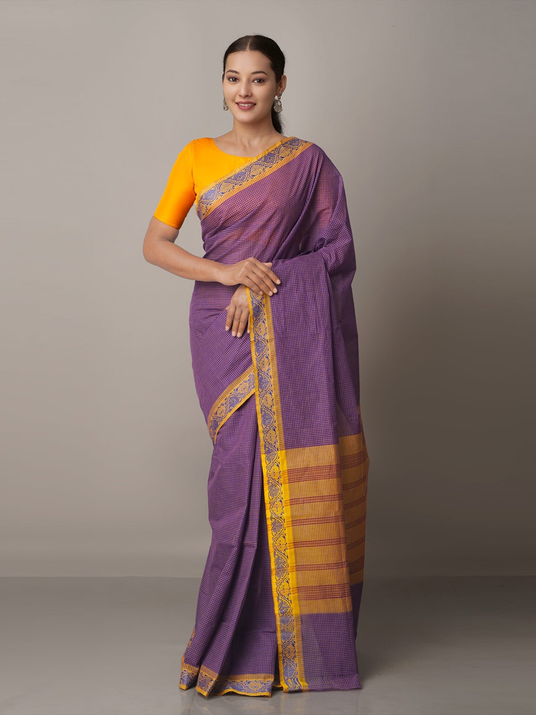 

Unnati Silks Violet & Yellow Checked Pure Cotton Venkatgiri Saree