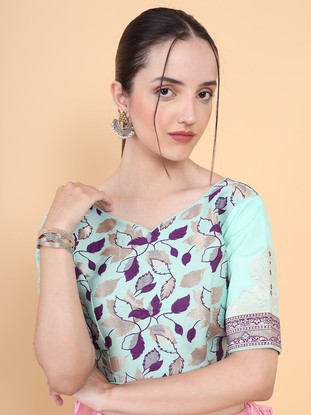 

MIMOSA Women Woven Design Readymade Saree Blouse, Turquoise blue