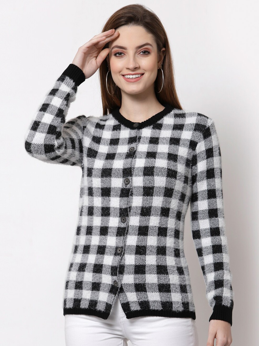 

Kalt Women Black & White Acrylic Checked Cardigan Sweater