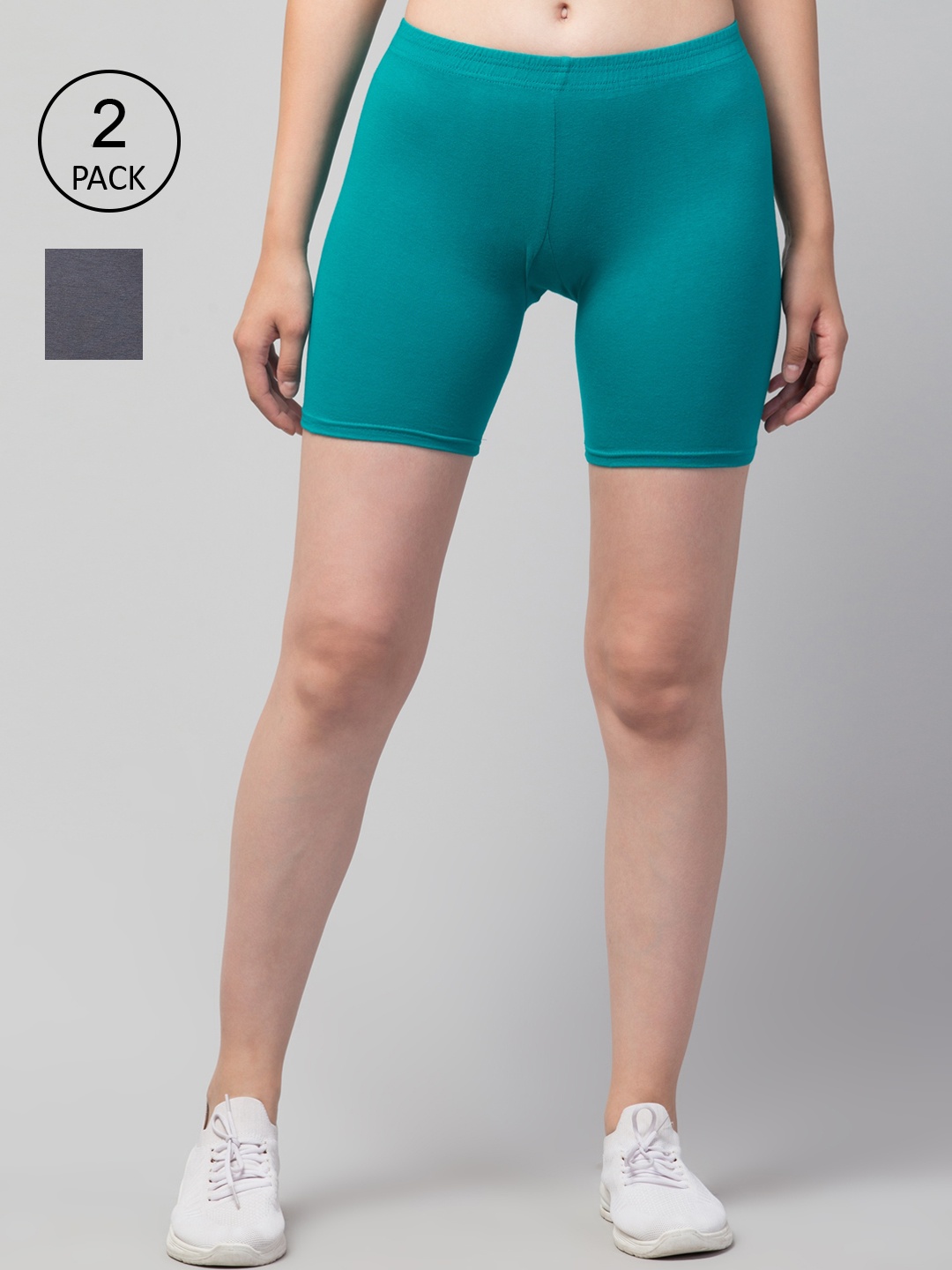 Apraa & Parma Women Pack Of 2 Skinny Fit Cycling Cotton Sports Shorts, Teal