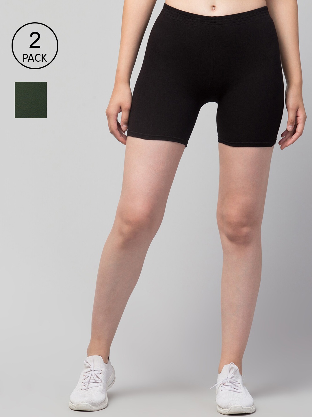 Apraa & Parma Women Pack Of 2 Skinny Fit Cycling Cotton Sports Shorts, Olive