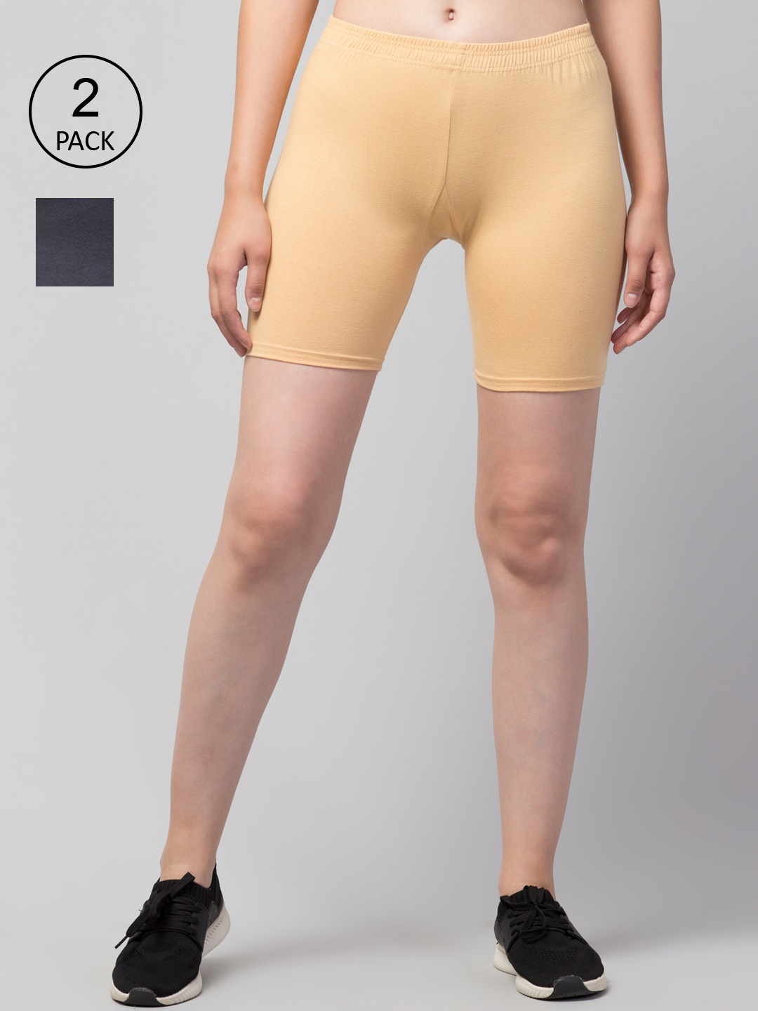 Apraa & Parma Women Pack Of 2 Skinny Fit Cycling Cotton Sports Shorts, Cream