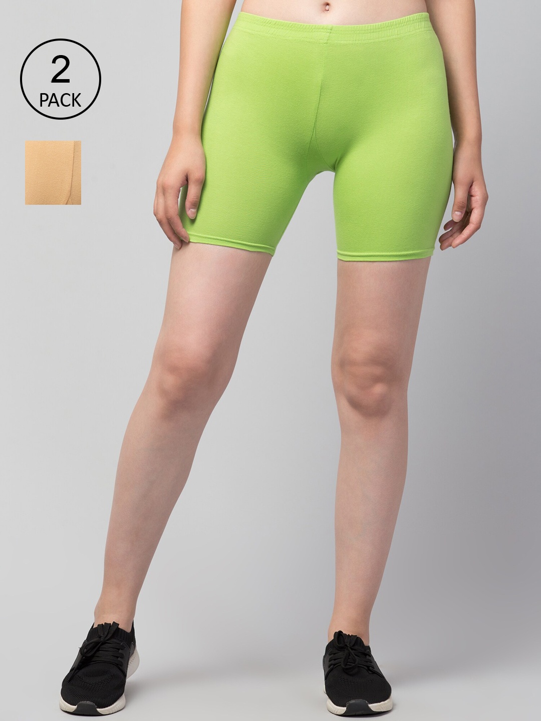 Apraa & Parma Women Pack Of 2 Skinny Fit Cycling Cotton Sports Shorts, Cream