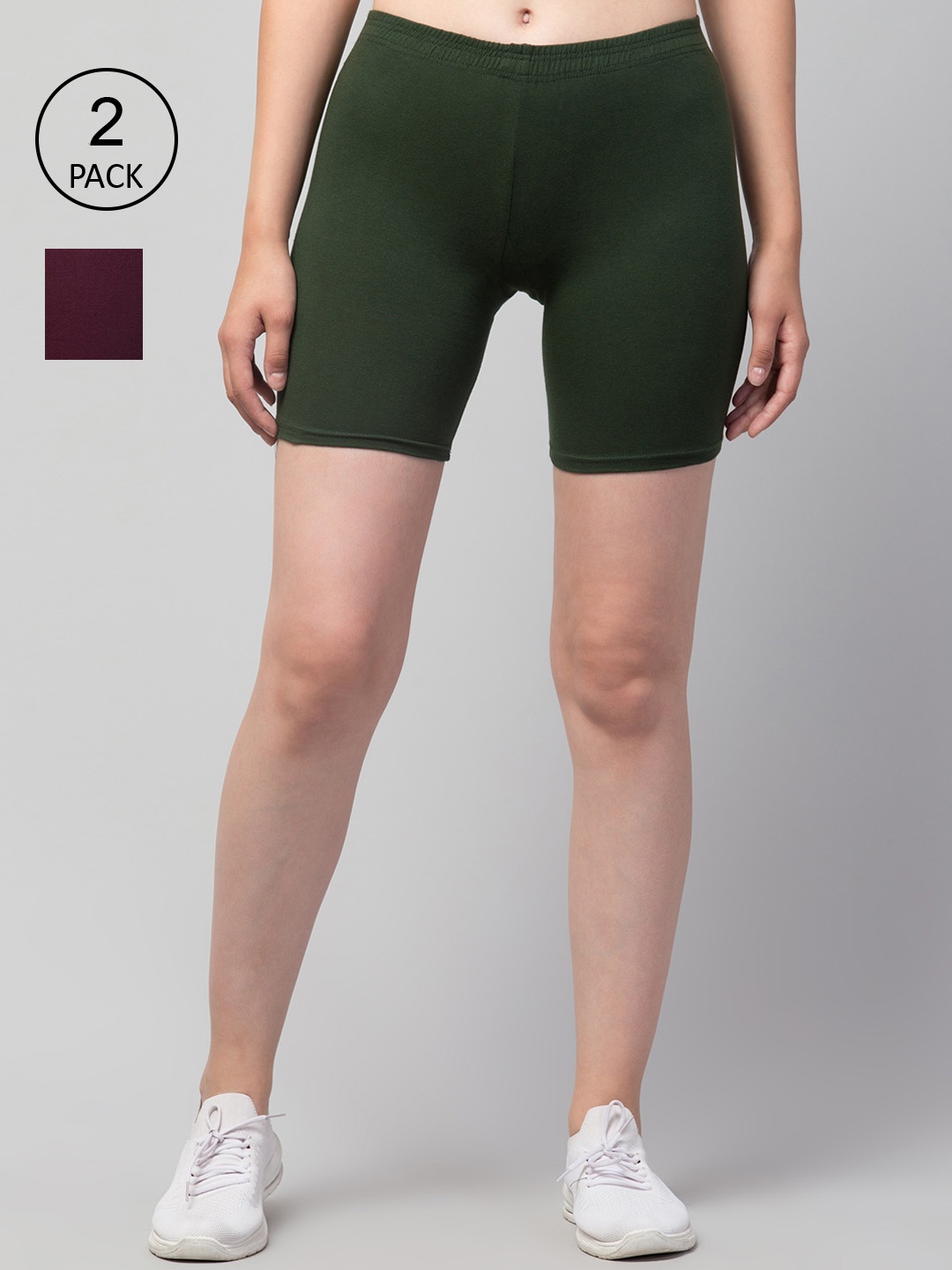 Apraa & Parma Women Pack Of 2 Skinny Fit Cycling Cotton Sports Shorts, Olive