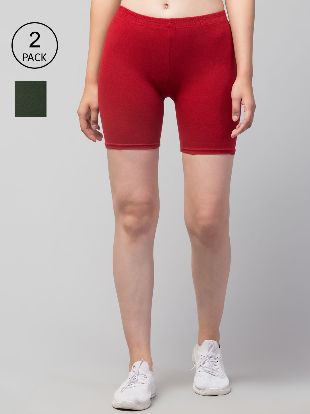 Apraa & Parma Women Pack Of 2 Skinny Fit Cycling Cotton Sports Shorts, Olive