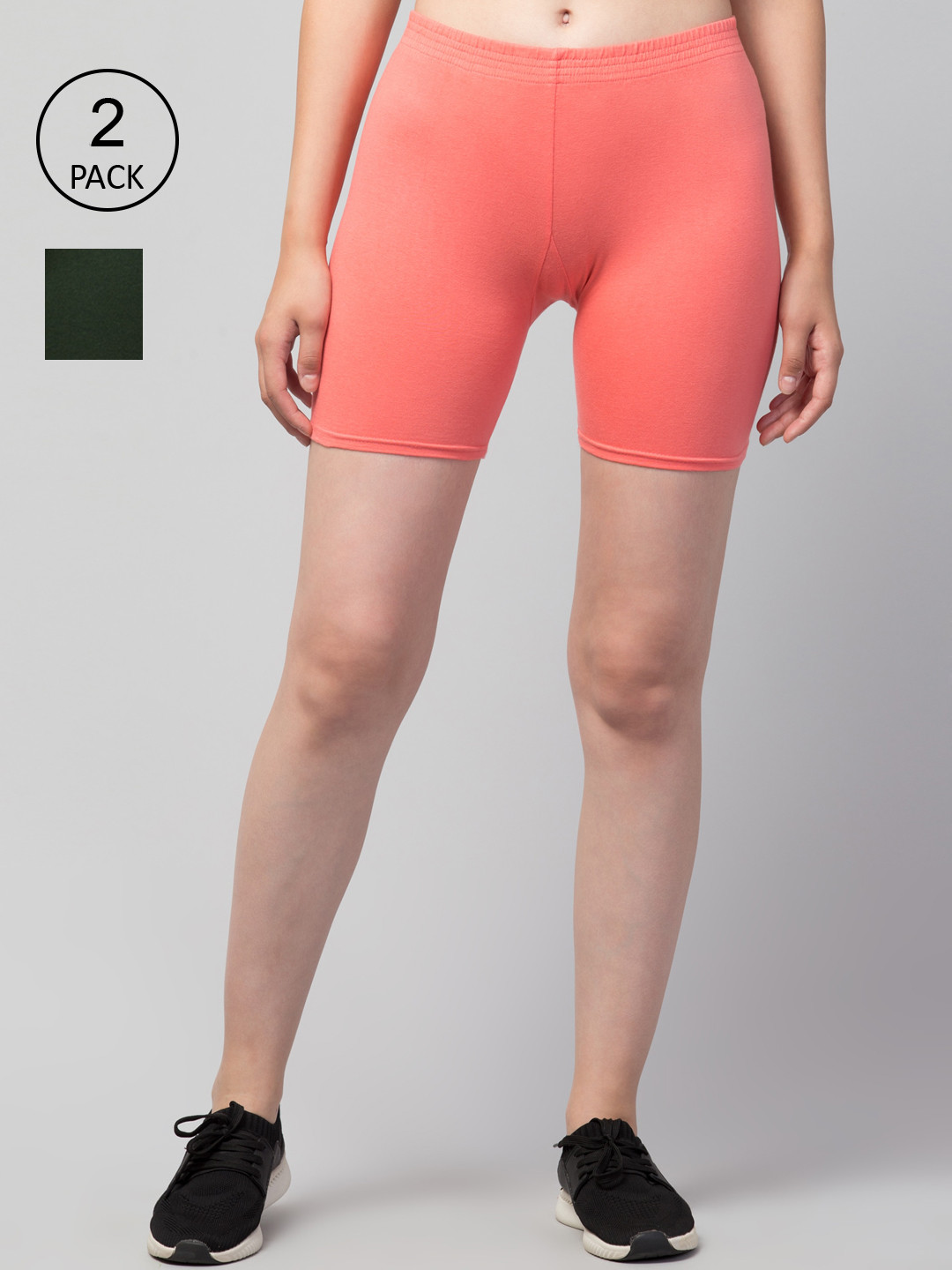 

Apraa & Parma Pack Of 2 Women Slim Fit Cotton Cycling Sports Shorts, Olive