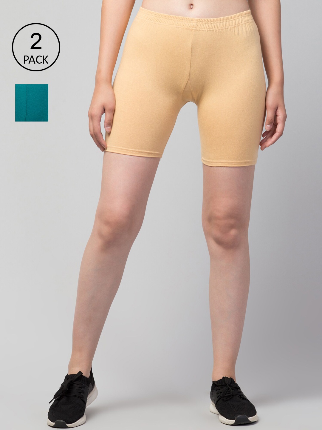 Apraa & Parma Pack Of 2 Women Slim Fit Cotton Cycling Sports Shorts, Beige