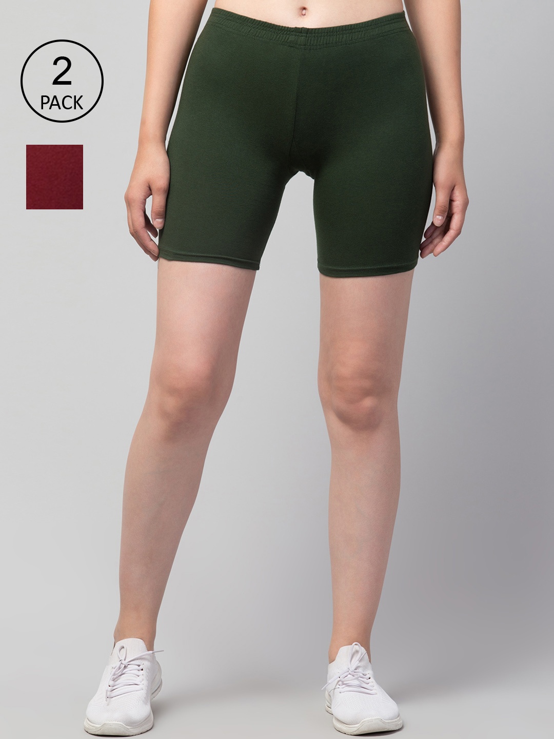 Apraa & Parma Pack Of 2 Women Slim Fit Cotton Cycling Sports Shorts, Olive