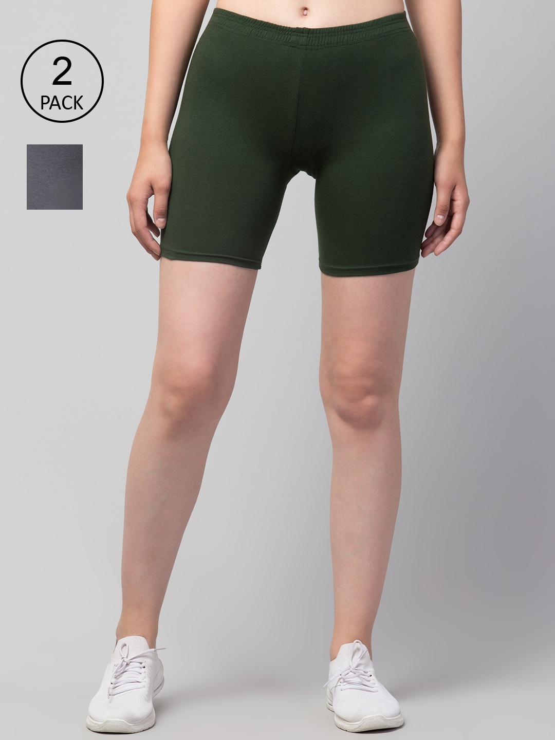 

Apraa & Parma Women Pack Of 2 Slim Fit Cotton Cycling Shorts, Olive