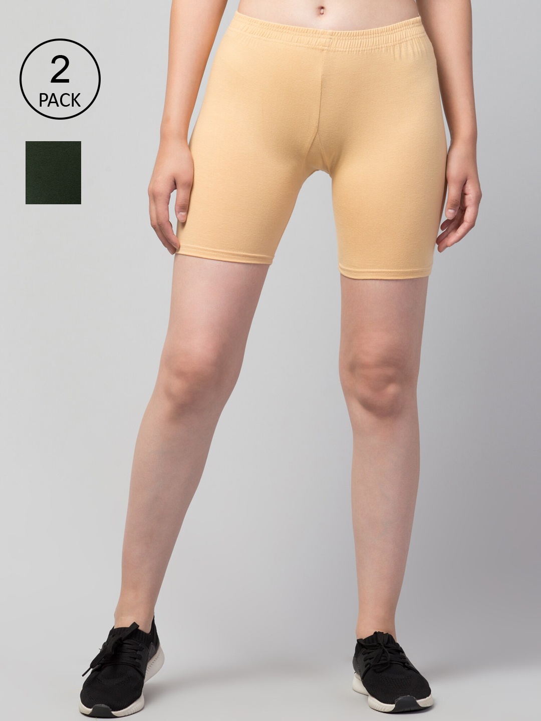 

Apraa & Parma Women Pack Of 2 Slim Fit Cotton Cycling Shorts, Olive