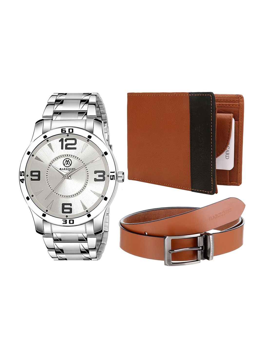 

MARKQUES Men Solid Belt, Watch and Wallet Combo Accessory Gift Set, Brown