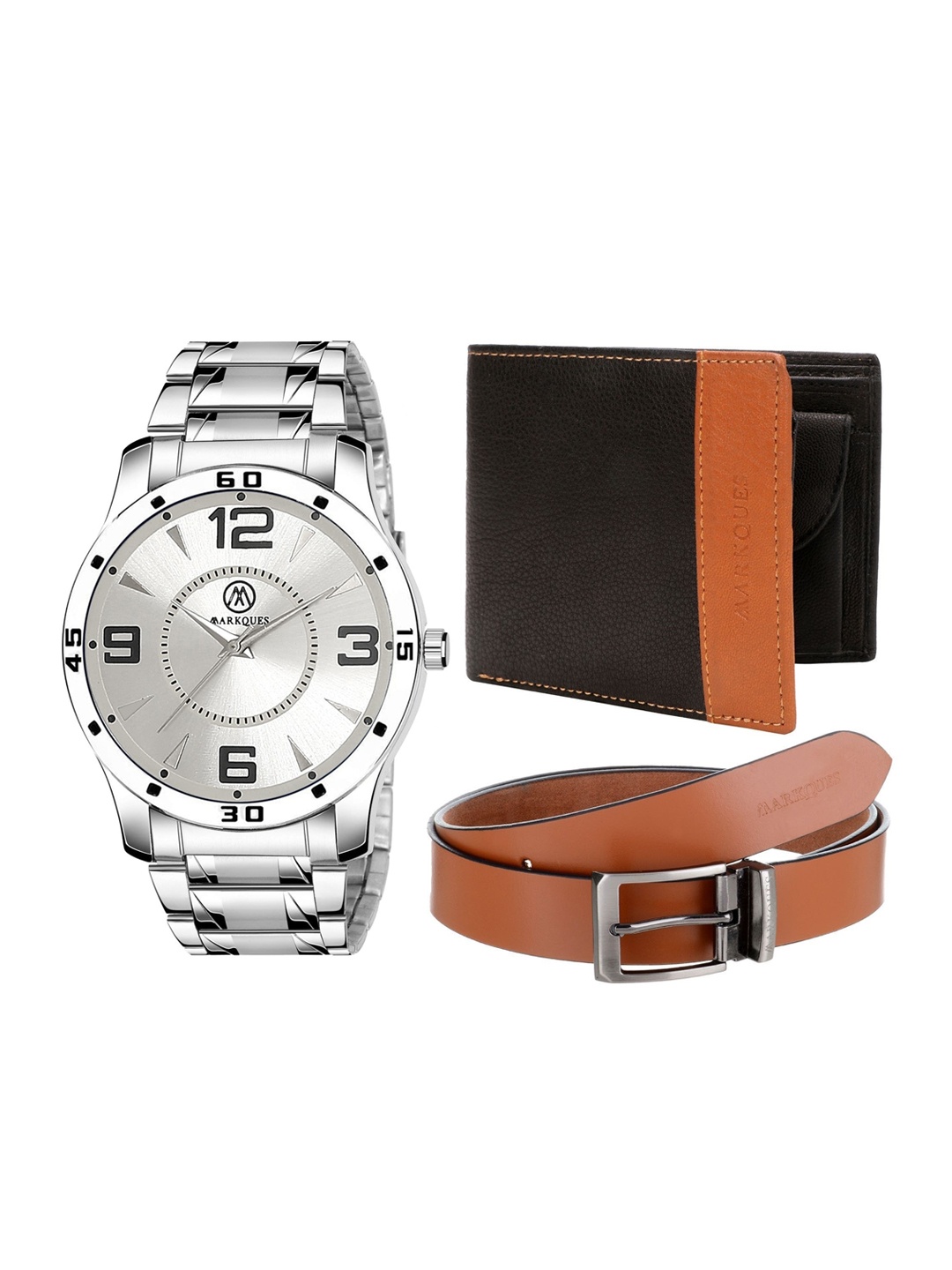 

MARKQUES Men Solid Belt Watch and Wallet Combo Accessory Gift Set, Brown