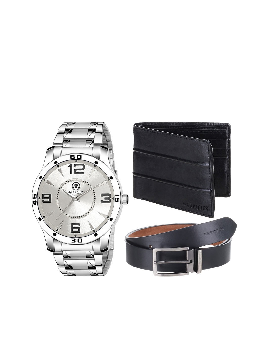 

MARKQUES Men Solid Belt, Watch and Wallet Combo Accessory Gift Set, Black