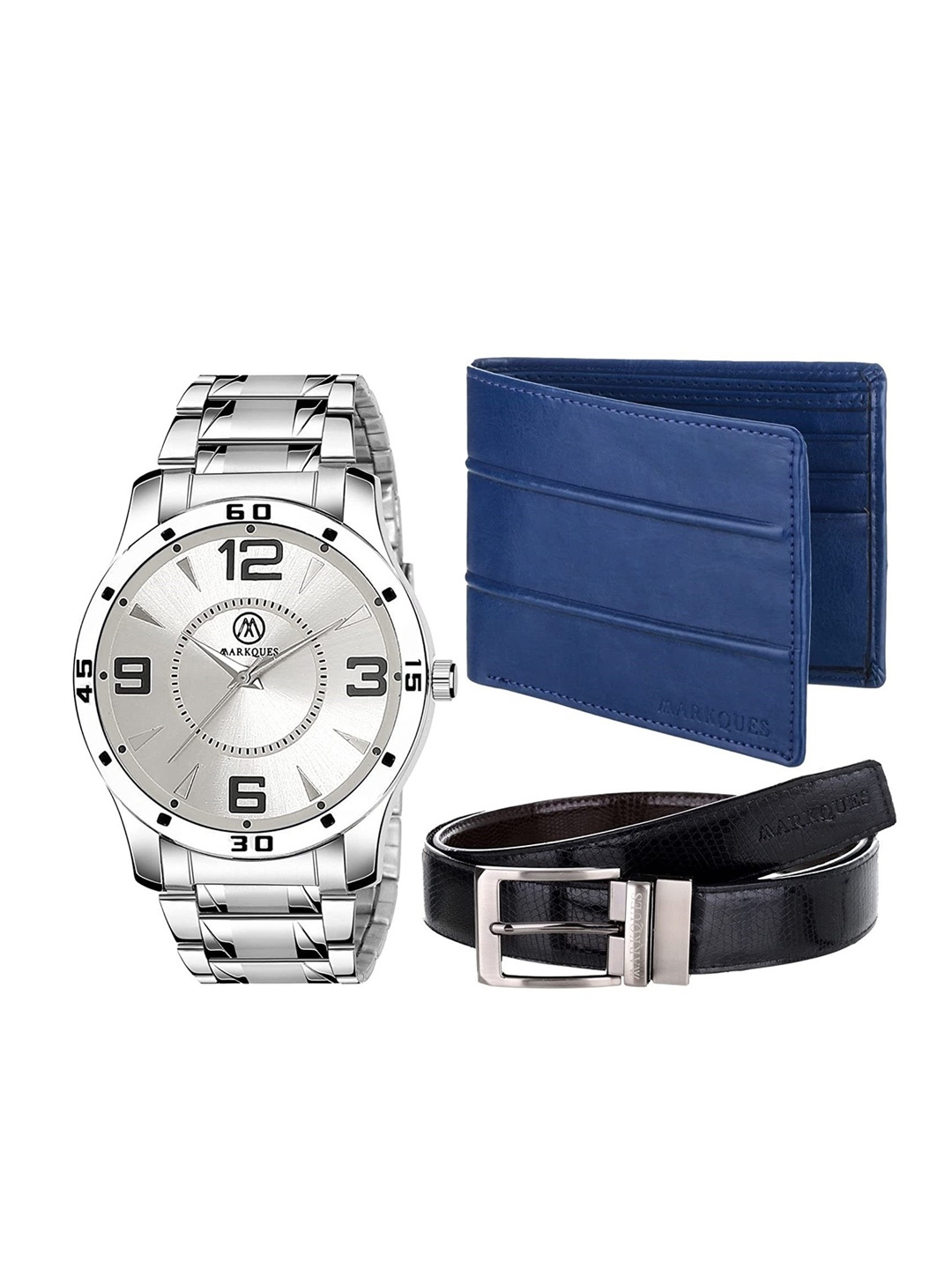 

MarkQues Set of 3 Men's Watch, Wallet And Belt Festival Combo Gift Set, Silver