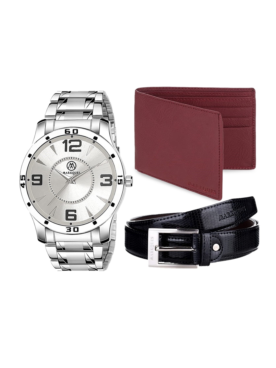 

MARKQUES Men Solid Leather Accessory Gift Set, Silver