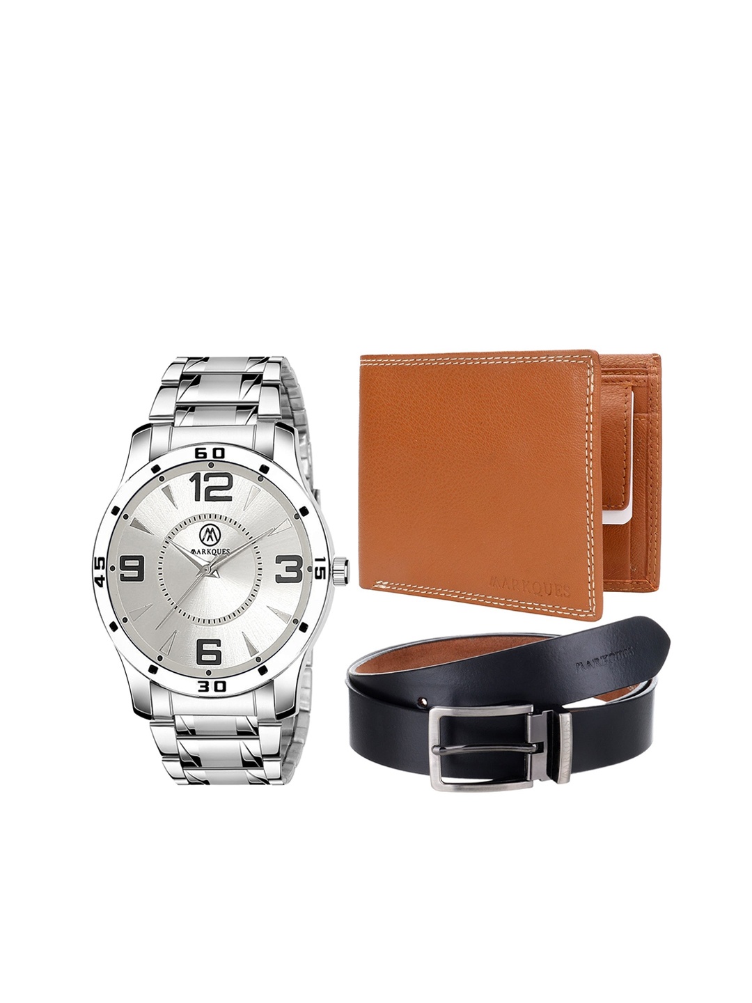 

MarkQues Set of 3 Men's Watch, Wallet And Belt Festival Combo Gift Set, Silver