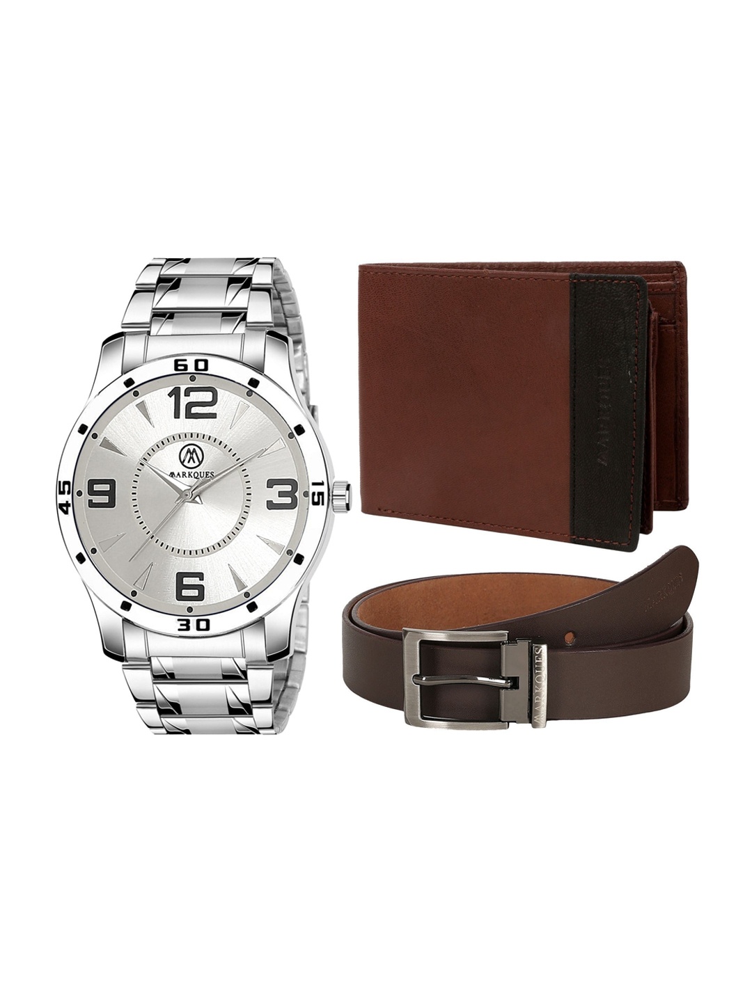

MarkQues Set of 3 Men's Watch, Wallet And Belt Festival Accessory Gift Set, Silver
