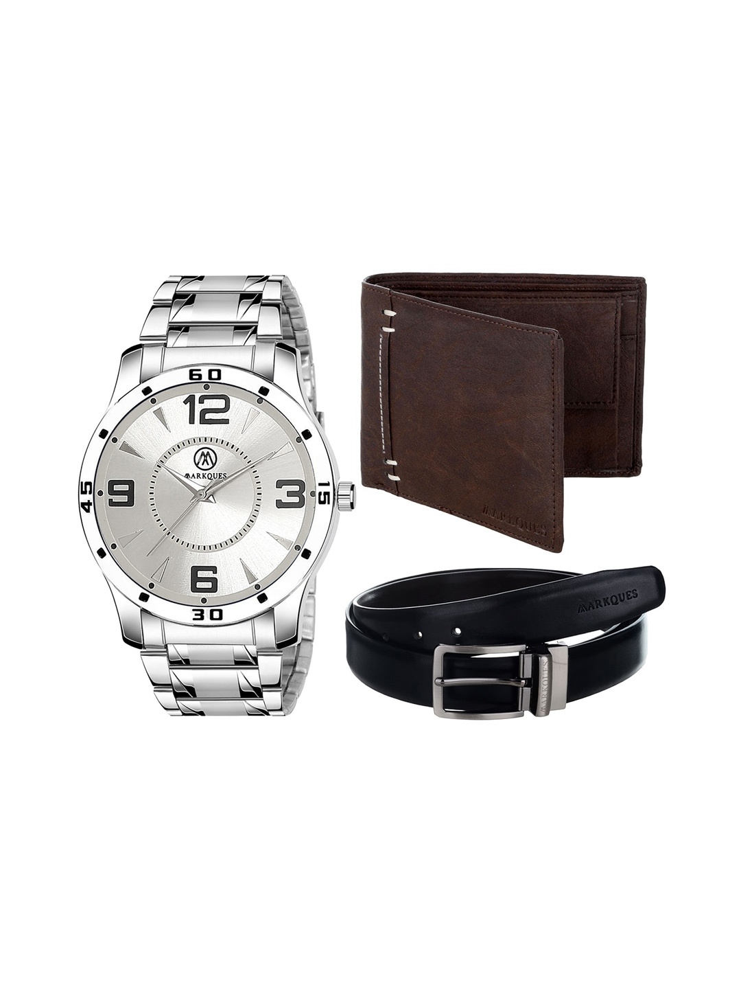 

MarkQues Set of 3 Men's Watch, Wallet And Belt Festival Combo Gift Set, Silver