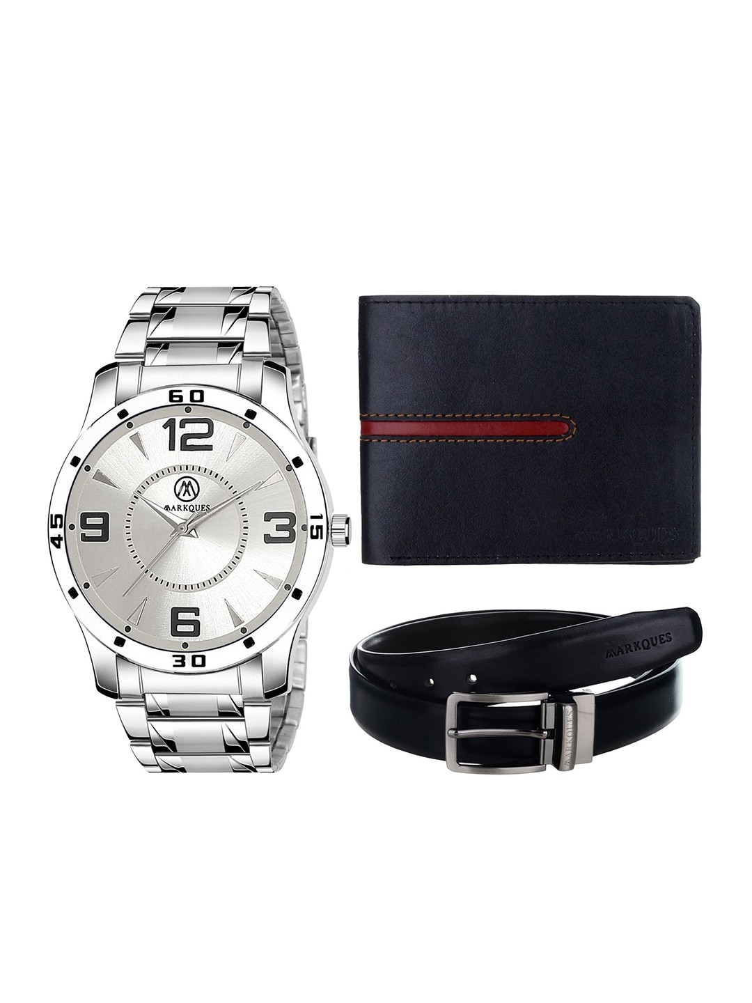 

MarkQues Set of 3 Men's Watch, Wallet And Belt Festival Combo Gift Set, Silver