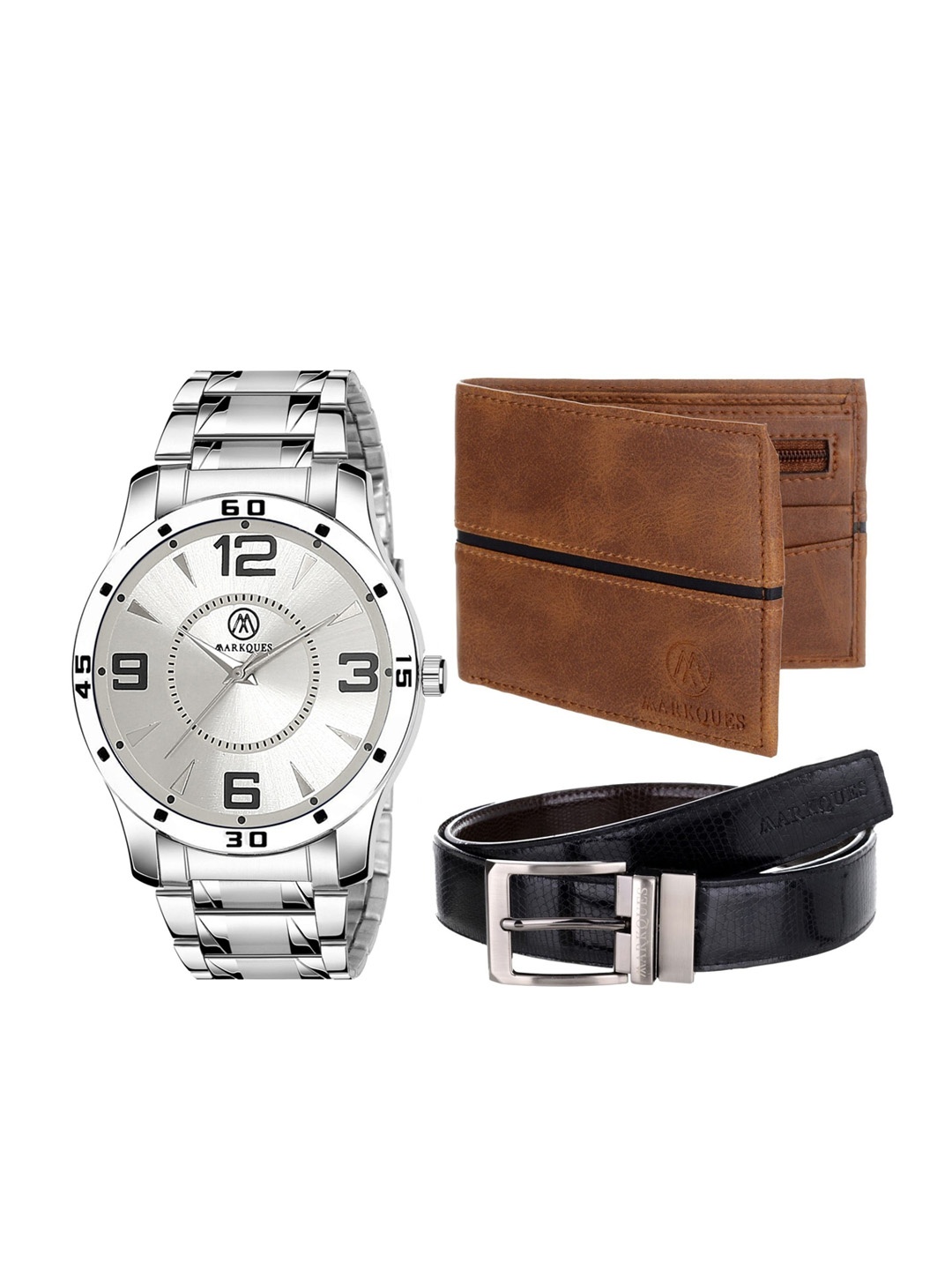 

MarkQues Set of 3 Men's Watch, Wallet and Belt Festival Combo Gift Set, Brown