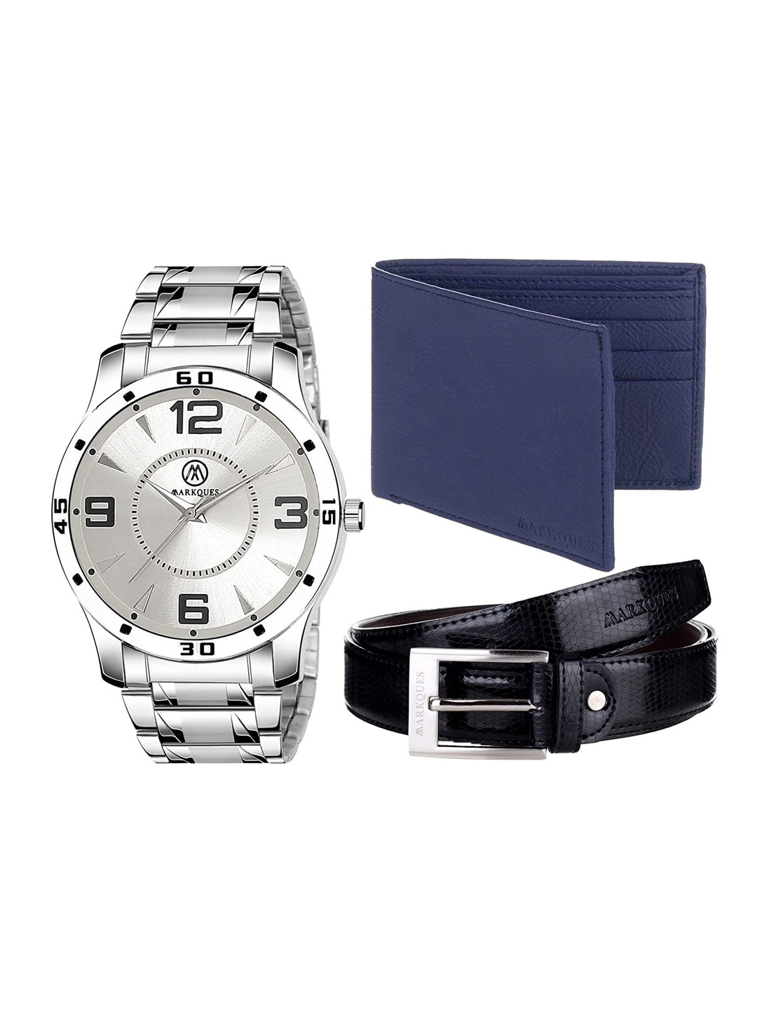 

MARKQUES Set of 3 Men Watch, Belt and Wallet Combo Accessory Gift Set, Blue