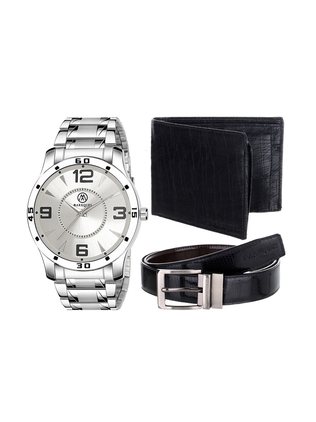

MARKQUES Men Textured Watch , Belt and Wallet Combo Accessory Gift Set, Black