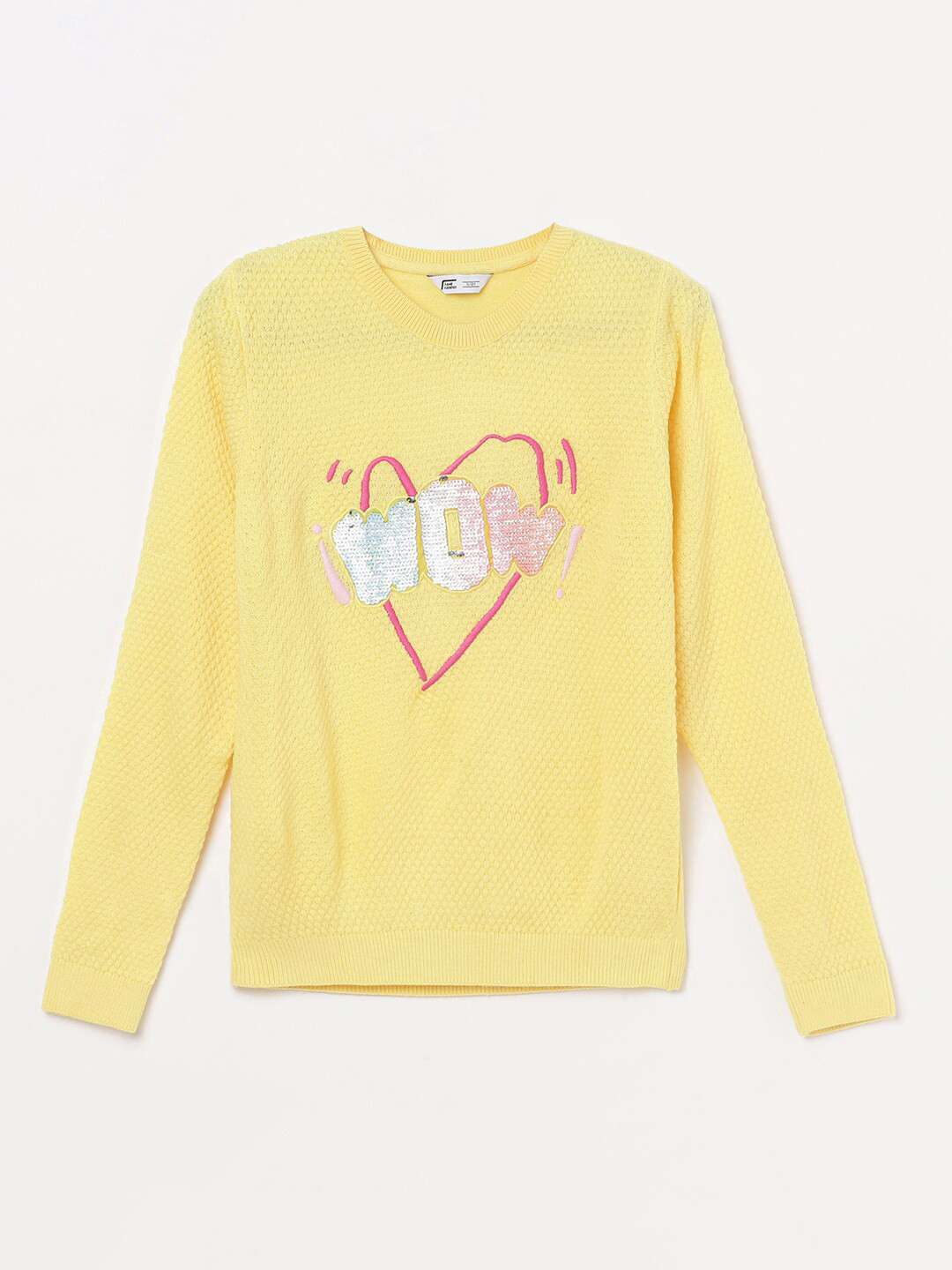 

Fame Forever by Lifestyle Girls Yellow & Pink Printed Acrylic Pullover Sweater
