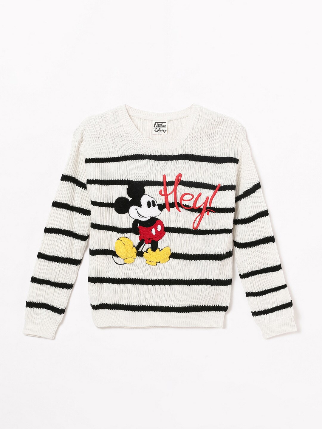 

Fame Forever by Lifestyle Girls Mickey Mouse Striped Pullover, White