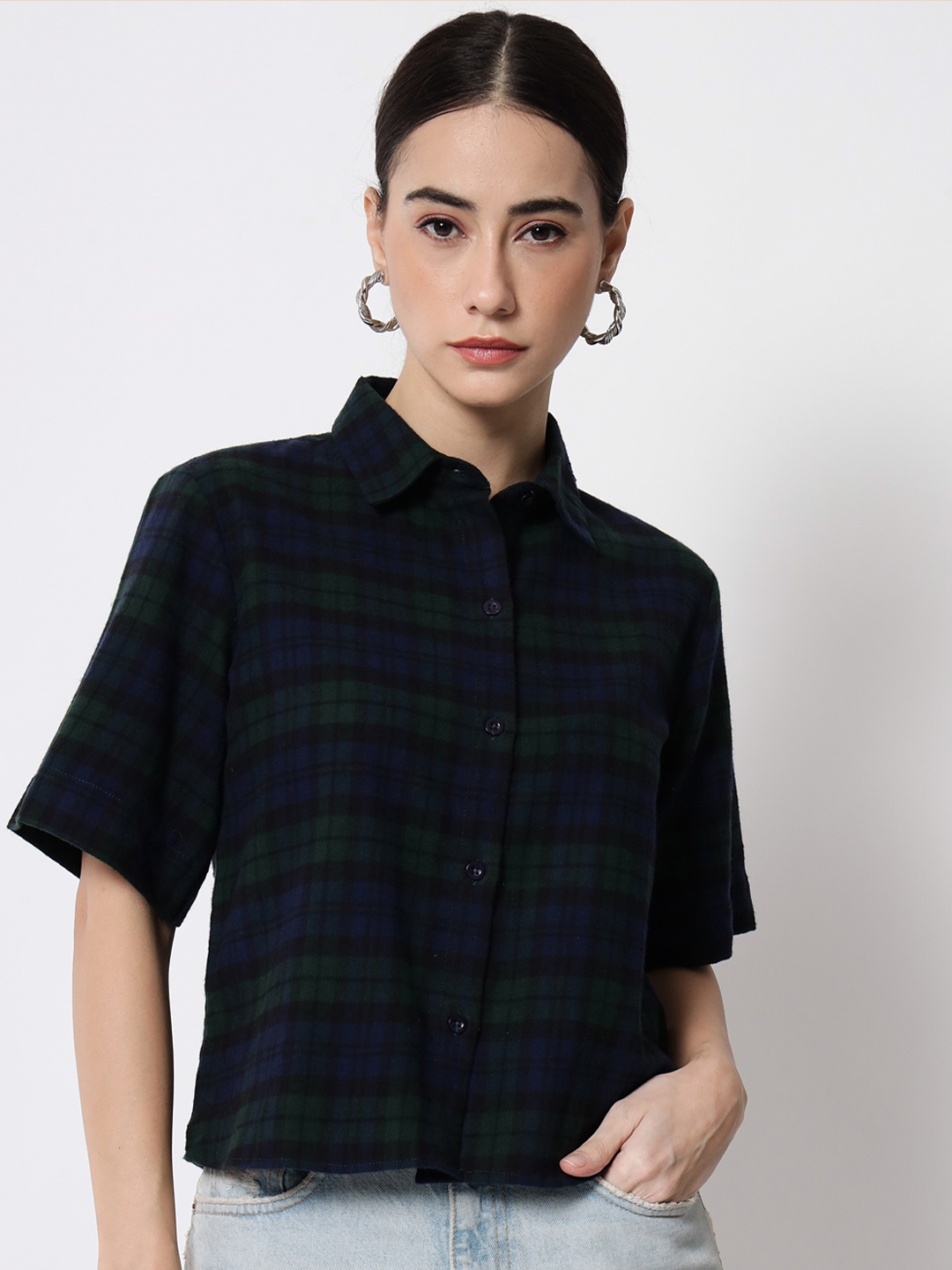 

CHARMGAL Women Tartan Checked Crop Casual Shirt, Navy blue