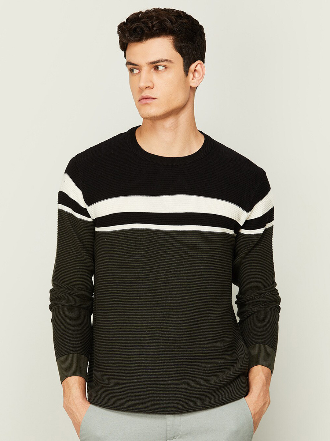

CODE by Lifestyle Men Olive Green Striped Cotton Sweatshirt