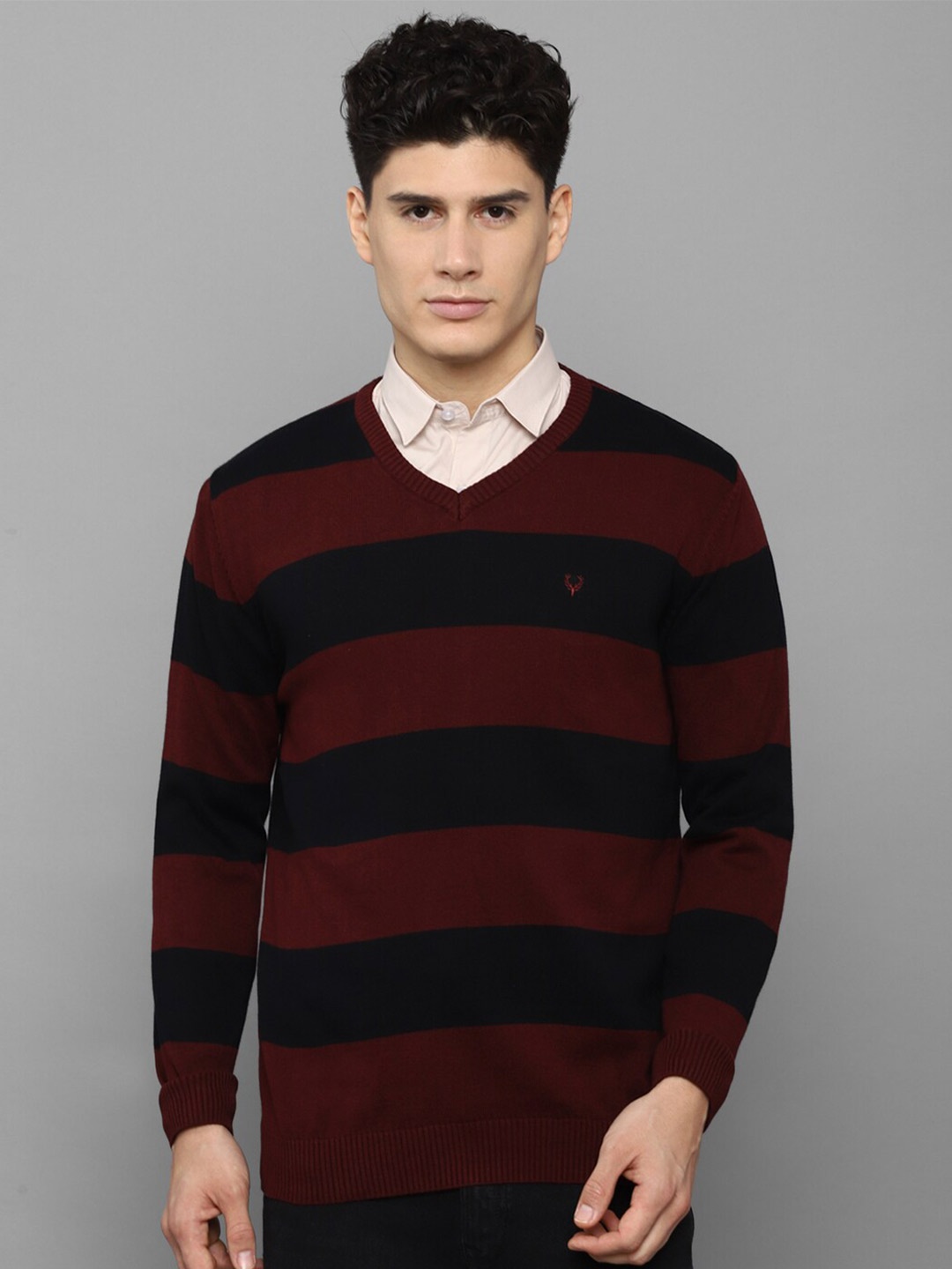 

Allen Solly Men Maroon & Navy Blue Striped Pullover