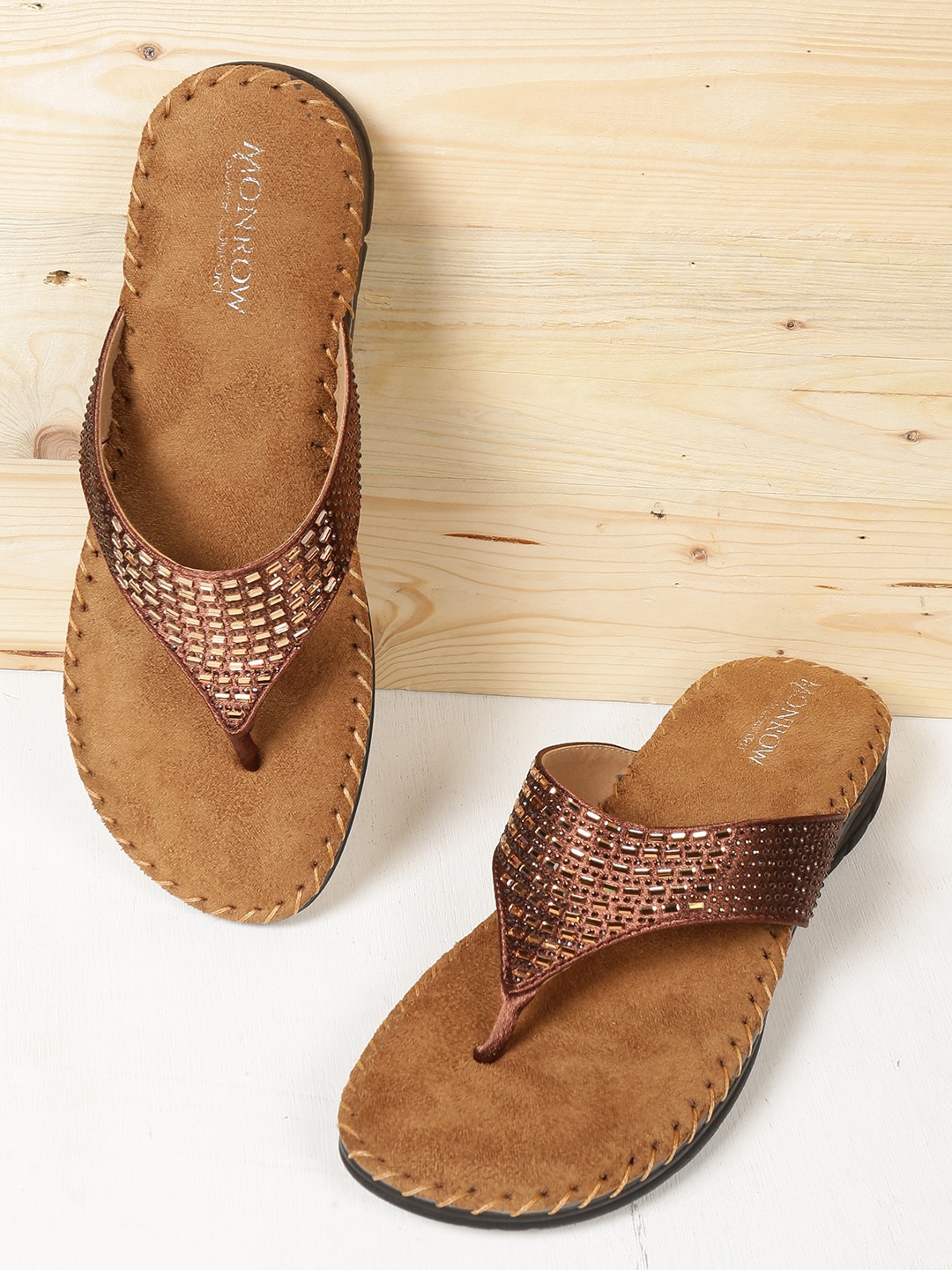 

Monrow Women Brown Embellished Open Toe Flats